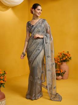 Sareemall - Women's Organza Grey Zari & Stone Embroidered Designer Saree