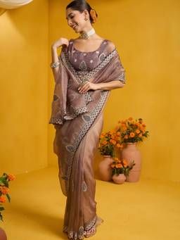 Sareemall - Women's Organza Rose Gold Zari & Stone Work Designer Saree