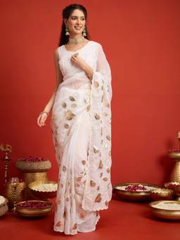 Sareemall - Women's Satin Silk White Gota Embroidered Designer Saree