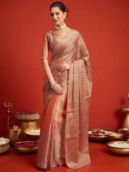 Sareemall - Women's Paper Silk Peach Embellished Designer Saree