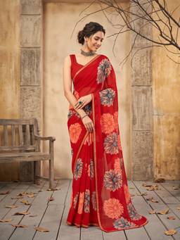 Sareemall - Women's Georgette Red Floral Embellished Designer Saree