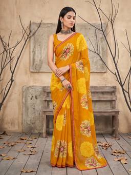 Sareemall - Women's Georgette Mustard Floral Embellished Designer Saree