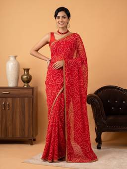 Sareemall - Women's Georgette Red Printed Bandhani Designer Saree