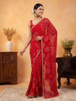 Sareemall - Women's Georgette Red Printed Bandhani Designer Saree