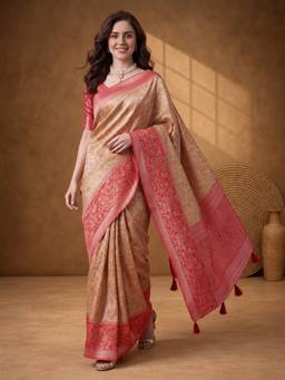 Jaipur Kurti - Women Beige Woven Banarasi Rich Jacquard Saree