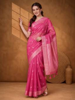 Jaipur Kurti - Women Pink Woven Zari Butti Tassel Pallu Saree
