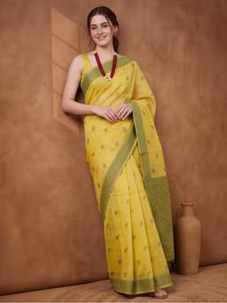 Jaipur Kurti - Women Yellow Woven Zari Butti Tassel Pallu Saree