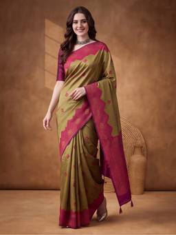 Jaipur Kurti - Women Green Banarasi Jacquard Zari Woven Saree