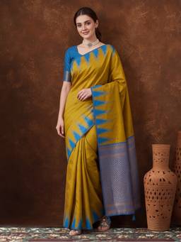 Jaipur Kurti - Women Mustard Yellow Banarasi Jacquard Zari Woven Saree