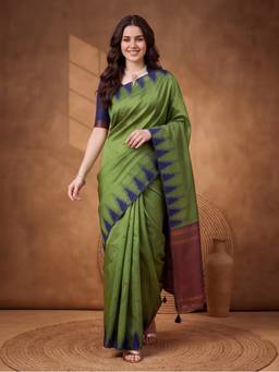 Jaipur Kurti - Women Green Yellow Banarasi Jacquard Zari Woven Saree