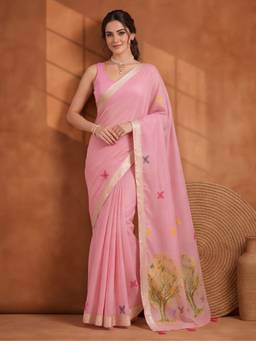 Jaipur Kurti - Women Pink Designer Woven Tassel Detail Saree