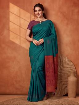 Jaipur Kurti - Women Green Banarasi Silk Blend Zari Butti Woven Saree