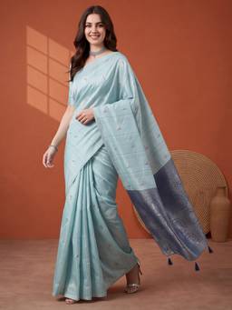 Jaipur Kurti - Women Blue Banarasi Silk Blend Zari Butti Woven Saree