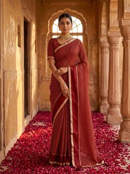 Sareemall - Women's Viscose Maroon Checks Woven Designer Saree