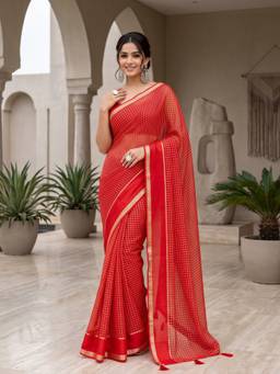 Sareemall - Women's Viscose Red Checks Woven Designer Saree