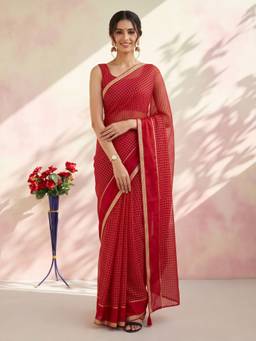 Sareemall - Women's Viscose Red Checks Woven Designer Saree