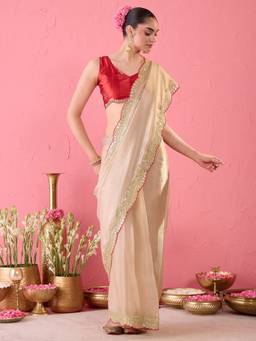 Sareemall - Women's Cream Beige Sequin Work Ready To Wear Saree