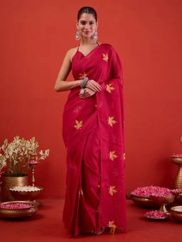 Sareemall - Women's Kota Doria Cotton Red Embroidered Ready To Wear Saree
