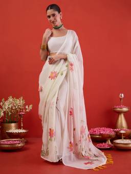 Sareemall - Women's Chiffon Off White Printed Ready To Wear Saree