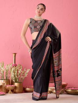 Sareemall - Women's Satin Black Printed Ready To Wear Saree
