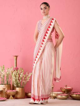 Sareemall - Women's Satin Off White Stripes Printed Ready To Wear Saree