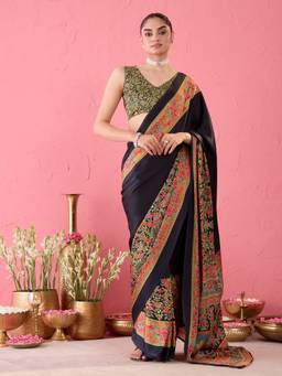 Sareemall - Women's Satin Black Printed Ready To Wear Saree