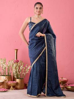 Sareemall - Women's Tissue Blue Embellished Ready To Wear Saree