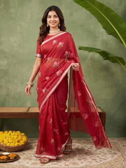Sareemall - Women's Kota Doria Cotton Red Embroidered Designer Saree