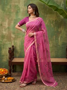Sareemall - Women's Kota Doria Cotton Magenta Embroidered Designer Saree