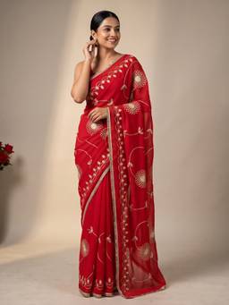 Sareemall - Women's Georgette Red Thread Embroidered Designer Saree
