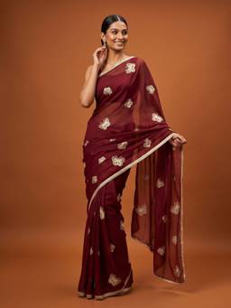 Sareemall - Women's Georgette Maroon Thread Embroidered Designer Saree