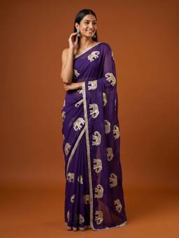 Sareemall - Women's Georgette Purple Thread Embroidered Designer Saree