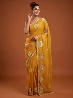 Sareemall - Women's Georgette Mustard Thread Embroidered Designer Saree