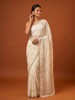 Sareemall - Women's Georgette Off-White Thread Embroidered Designer Saree