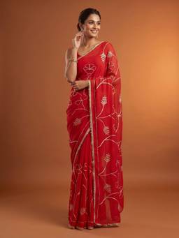 Sareemall - Women's Georgette Red Thread Embroidered Designer Saree
