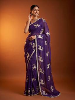 Sareemall - Women's Georgette Purple Thread Embroidered Designer Saree