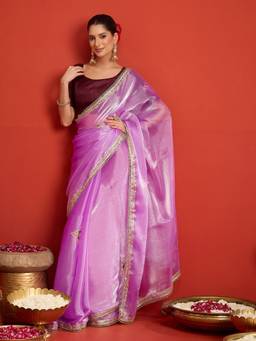 Sareemall - Women's Paper Silk Lavender Embroidered Designer Saree