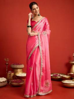 Sareemall - Women's Paper Silk Pink Embroidered Designer Saree