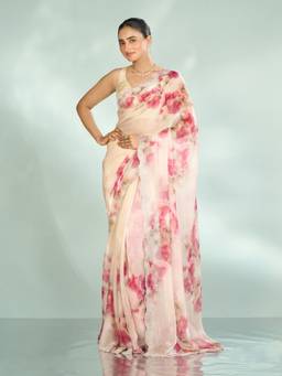 Mohey - Women Elegant Pink Organza Embroidered Saree