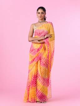 Mohey - Women Vibrant Mustard Yellow Chiffon Saree