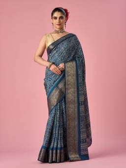 Mohey - Women Indigo Blue Printed Silk Saree