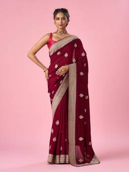 Mohey - Women Maroon Thread Work Silk Saree