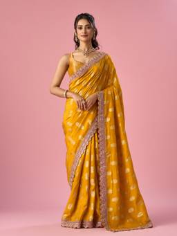 Mohey - Women Mustard Silk Banarasi Hand Embroidered Saree