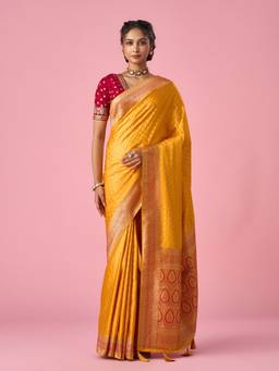 Mohey - Women Mustard Silk Banarasi Weave Design Saree