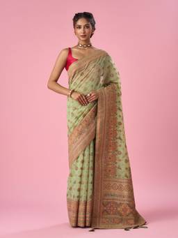 Mohey - Women Green Silk Banarasi Woven Tassels Saree