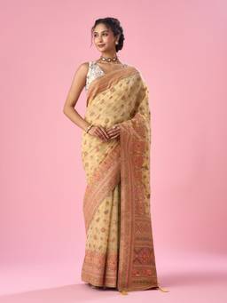 Mohey - Women Yellow Silk Banarasi Woven Tassels Saree