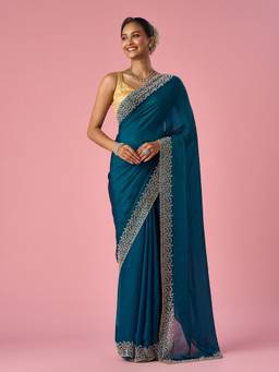 Mohey - Women Teal Organza Saree with Stone Work