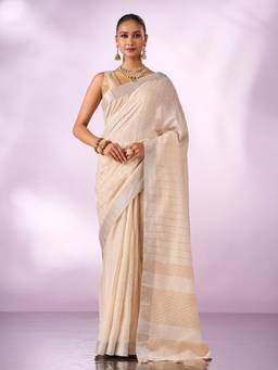 Mohey - Women Cream Linen Saree with Weave