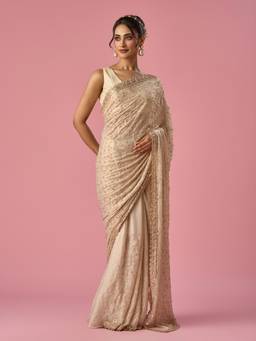 Mohey - Women Cream Chiffon Hand Embroidered Saree