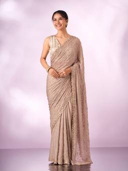Mohey - Women Fawn Chiffon Saree with Hand Embroidery